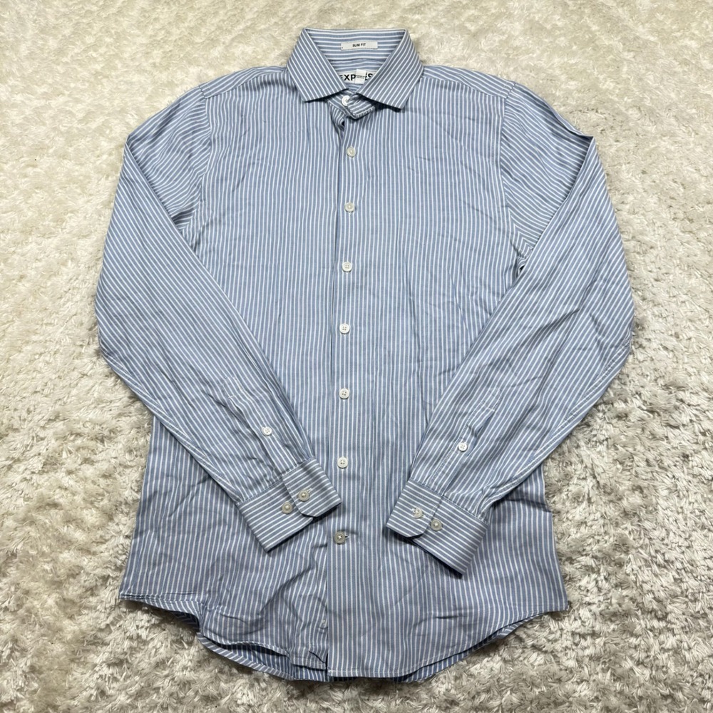 Express Shirt Men's Small 14-14.5 Slim Fit Striped Dress Blue White Cotton Work